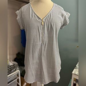 Black and white stripe zip up blouse